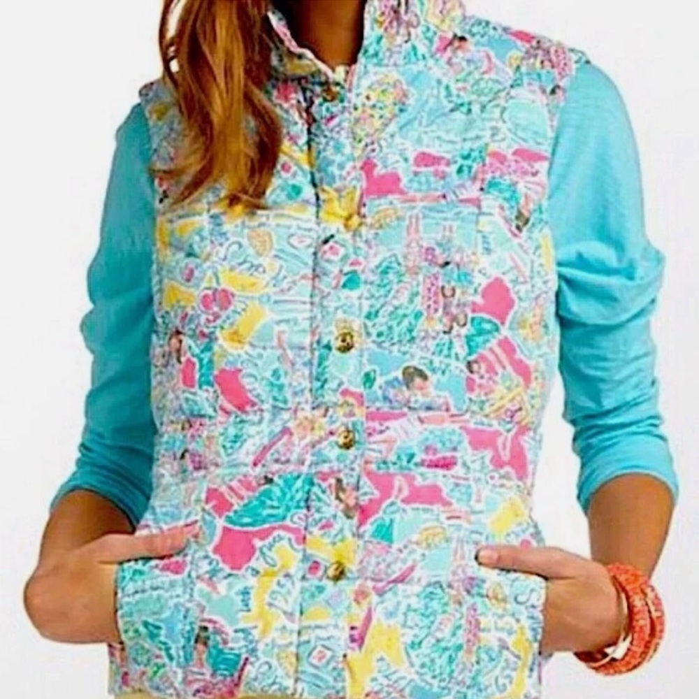 Lilly Pulitzer Women's Puffer Vest Quilted Vest in Aqua, Pink & Yellow Print